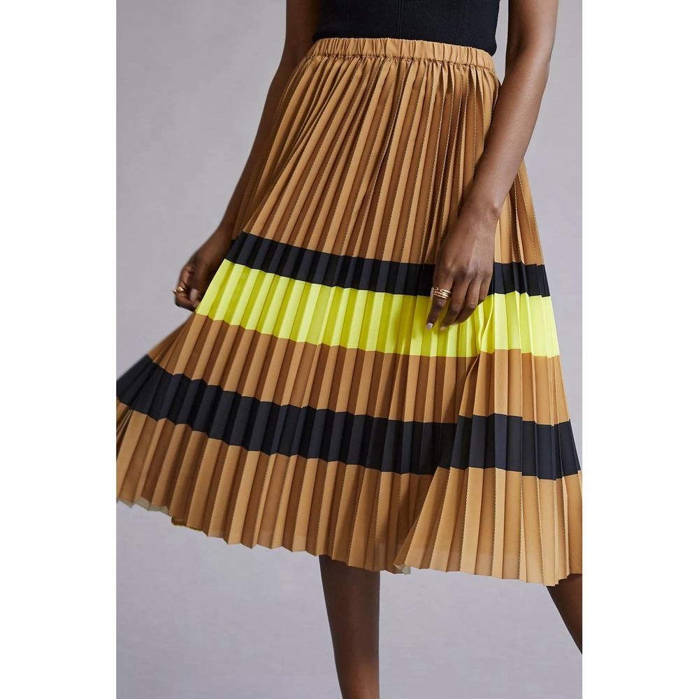 Anthropologie Maeve Pleated Midi Skirt Sz L Brown Neon Yellow Stripe Whimsygoth